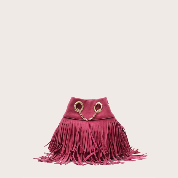 

Fringe Trim Bucket Bag, Hot pink
