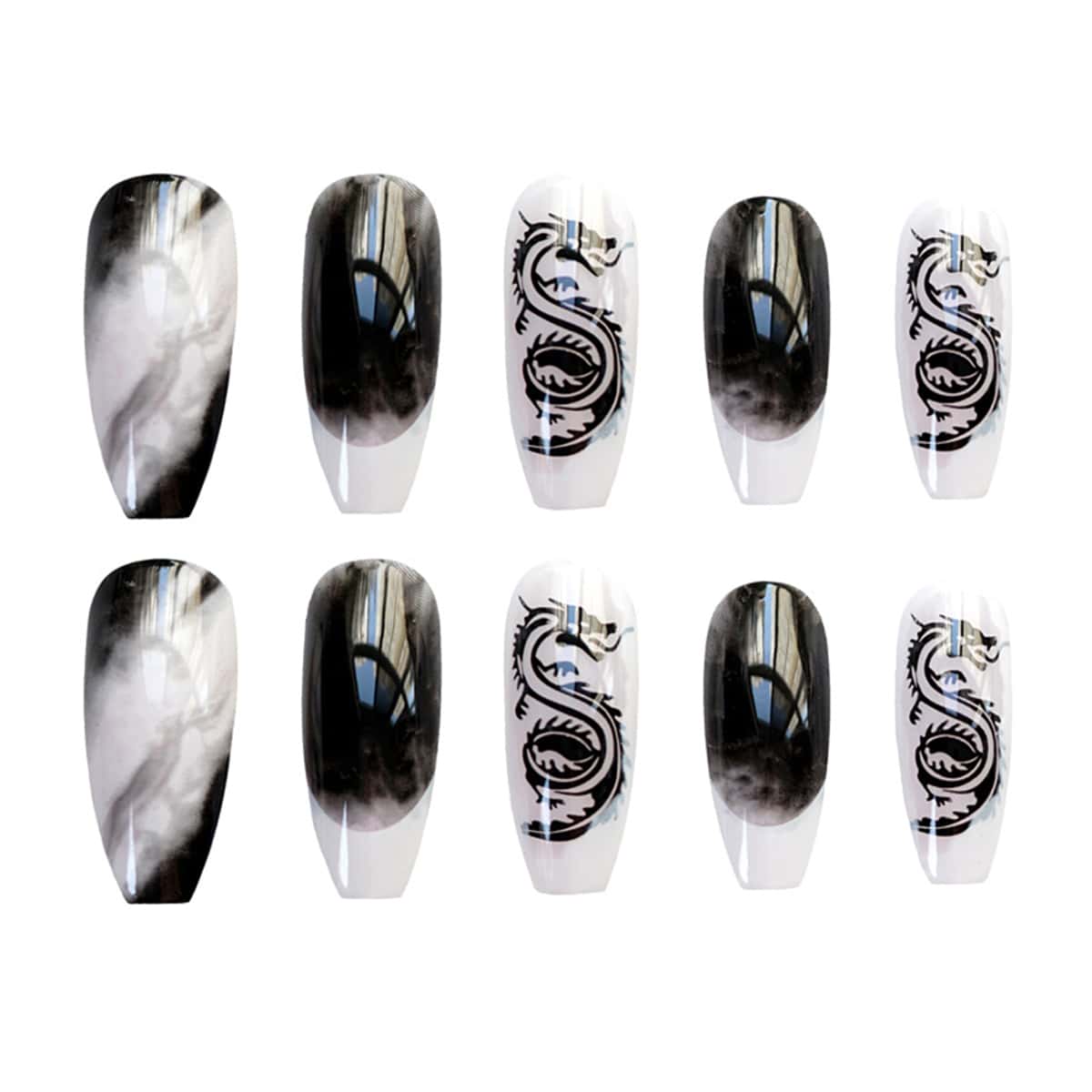 

24pcs Dragon Fake Nail, Black and white
