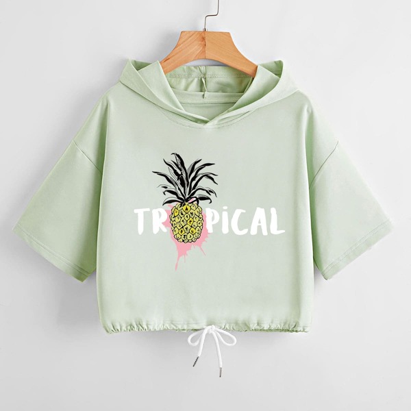 

Pineapple And Letter Graphic Hooded Sweatshirt, Lime green