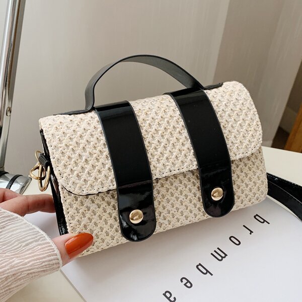

Snap Button Straw Bag, Beige