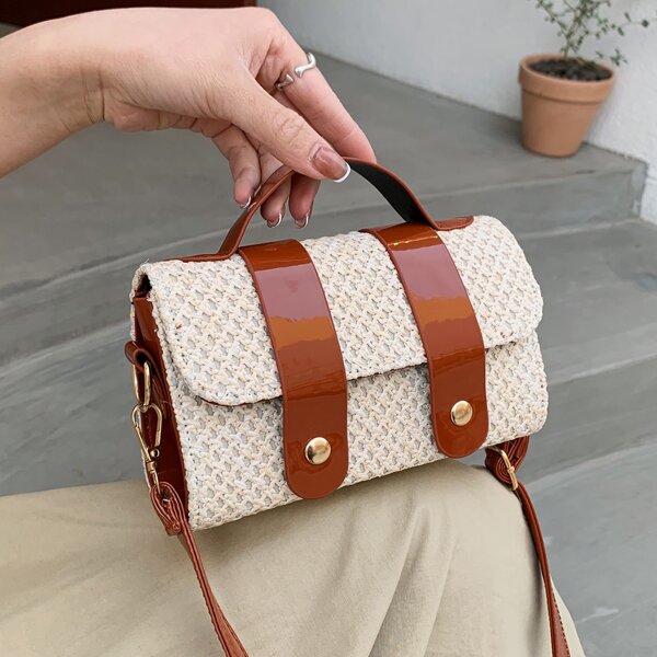 

Snap Button Straw Bag, Beige