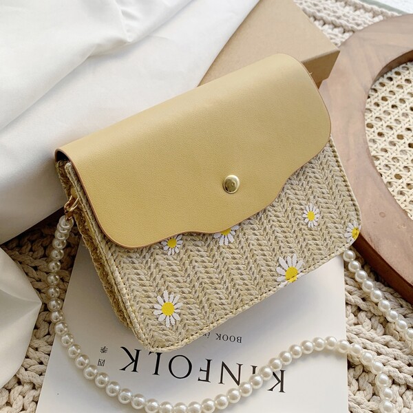 

Faux Pearl Decor Daisy Floral Pattern Straw Bag, Yellow