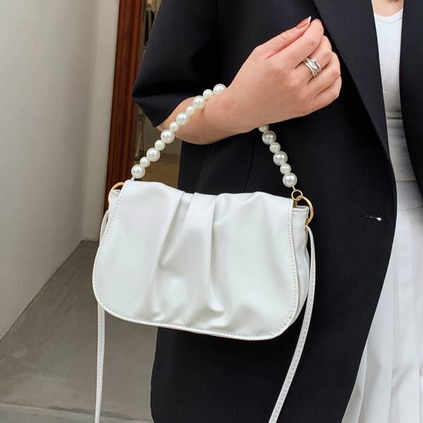 

Faux Pearl Decor Ruched Bag, White
