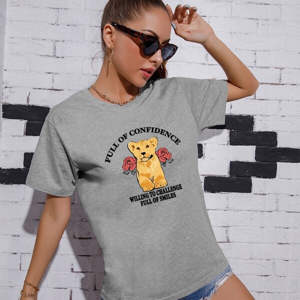 

Lion & Floral Print Tee, Grey