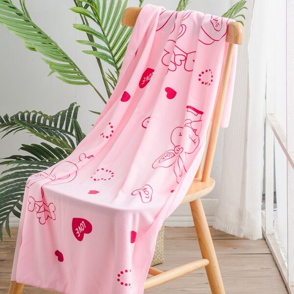 

Cartoon Rabbit Print Wearable Bath Towel, Pink