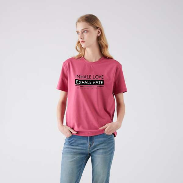 

Slogan Graphic Round Neck Tee, Pink