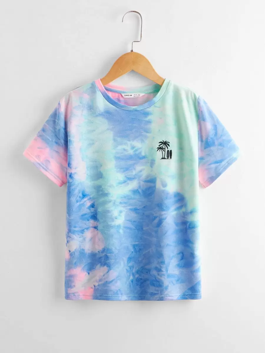 SHEIN 男孩椰子樹刺繡紮染T恤 - 彩色 - 查看 1