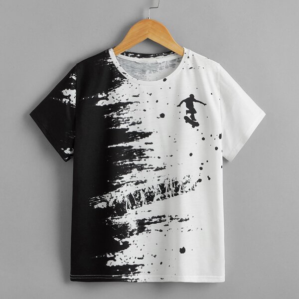 

Boys Figure & Splash Print Tee, Black and white