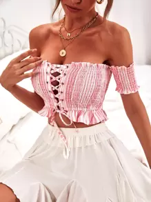 SHEIN WYWH Striped Lace Up Shirred Bardot Top - Baby Pink - View 1