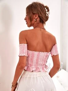 SHEIN WYWH Striped Lace Up Shirred Bardot Top - Baby Pink - View 2