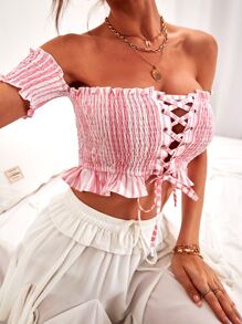 SHEIN WYWH Striped Lace Up Shirred Bardot Top - Baby Pink - View 3