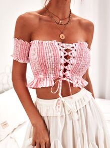 SHEIN WYWH Striped Lace Up Shirred Bardot Top - Baby Pink - View 5