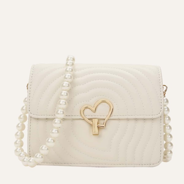 

Metal Heart Decor Flap Crossbody Bag, Beige