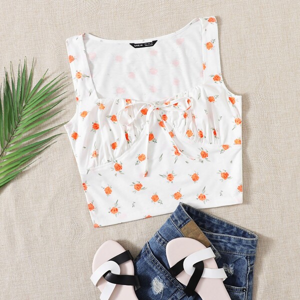

Plus Ruched Bust Tie Front Floral Print Top, White