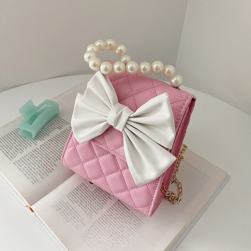 

Colorblock Bow Quilted Satchel Bag, Baby pink