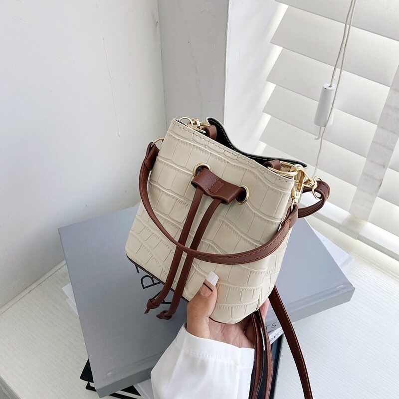 

Croc Embossed Drawstring Bucket Bag, Beige