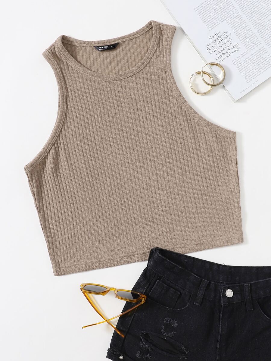 SHEIN EZwear Plus Rib-knit Tank Top - Mocha Brown - View 1