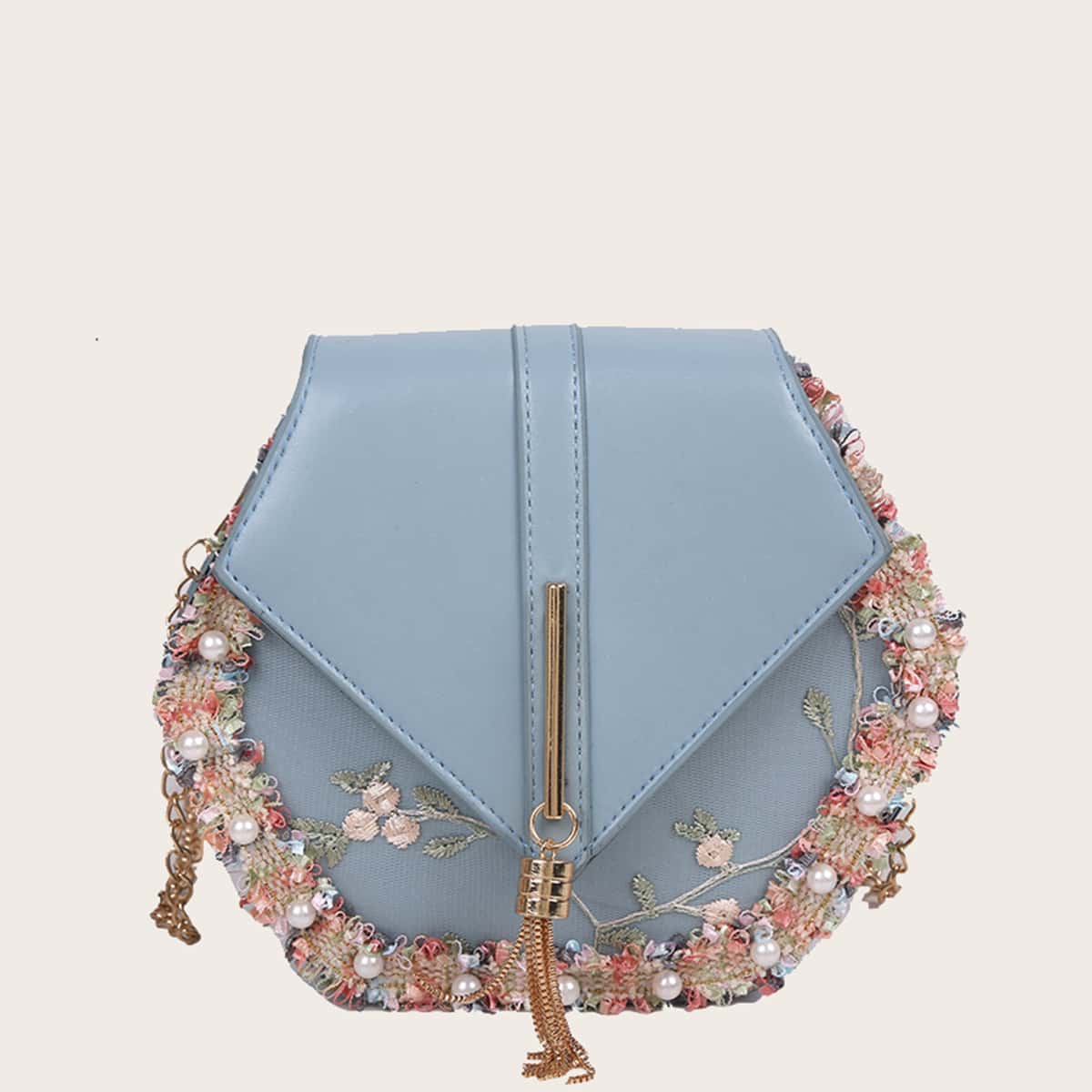 

Faux Pearl Trim Crossbody Bag, Dusty blue