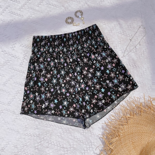 

Plus Shirred Waist Star Print Shorts, Black