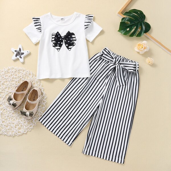 

Toddler Girls Ruffle Trim Bow Front Tee & Striped Belted Pants, Black and white