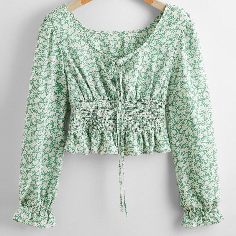 

Ditsy Floral Shirred Blouse, Green
