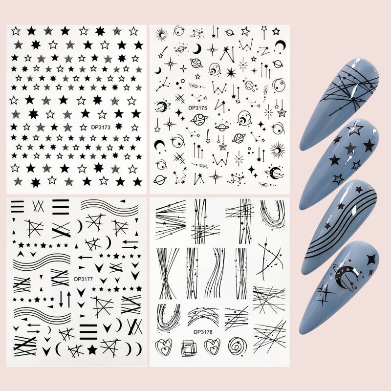 

4sheets Line Art Nail Sticker, Black