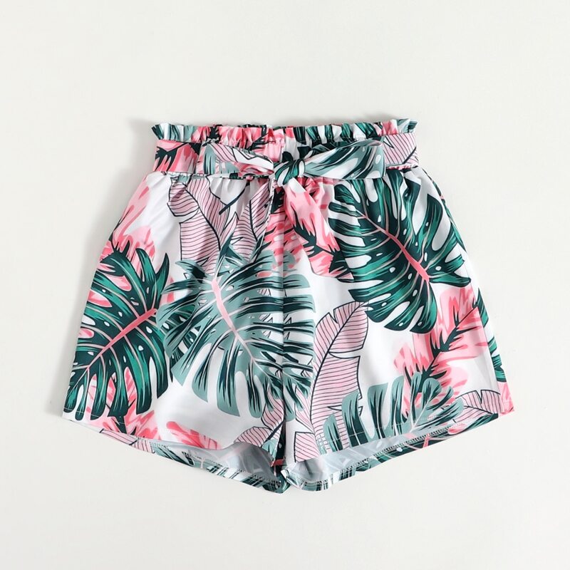 

Tropical Leaf Graphic Belted Shorts, Multicolor