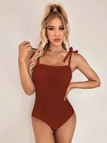 繫肩帶連身泳裝 - 鏽棕色 - 查看 4