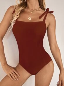 繫肩帶連身泳裝 - 鏽棕色 - 查看 5