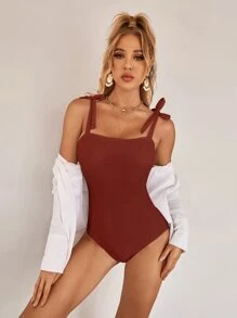 繫肩帶連身泳裝 - 鏽棕色 - 查看 6