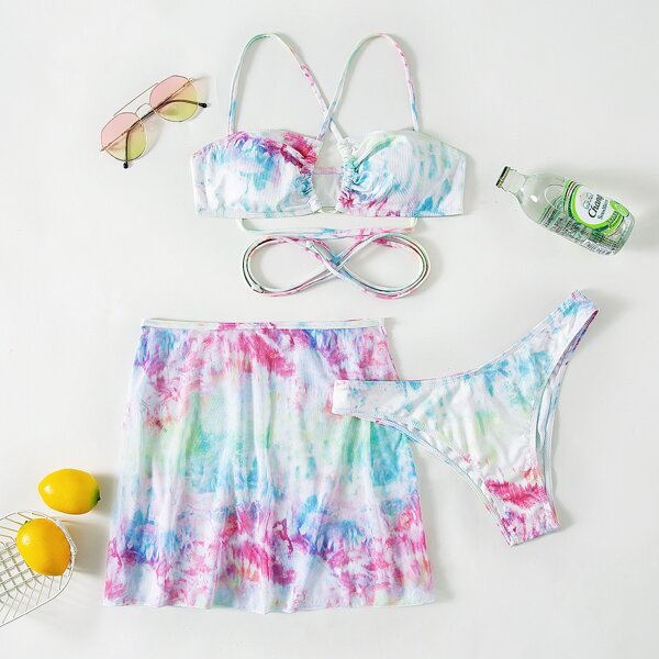 

3pack Tie Dye Criss Cross Bikini Swimsuit With Cover Up, Multicolor