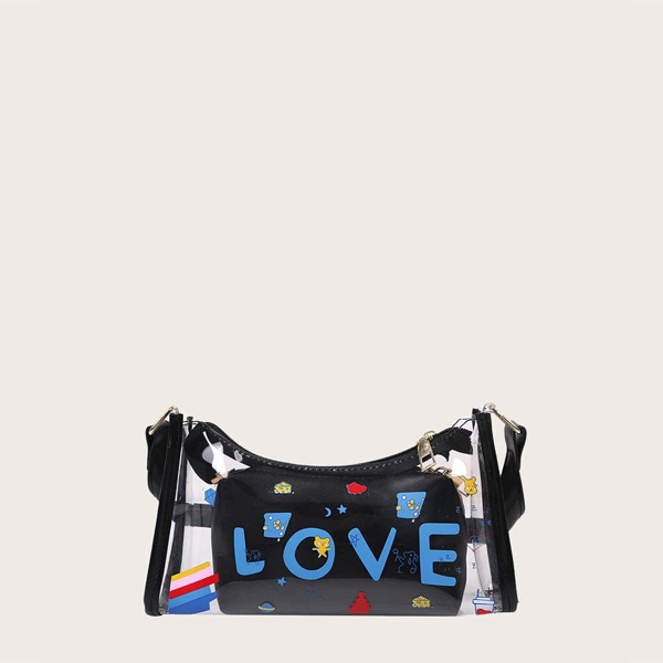 

Girls Clear Shoulder Bag With Inner Pouch, Black clear