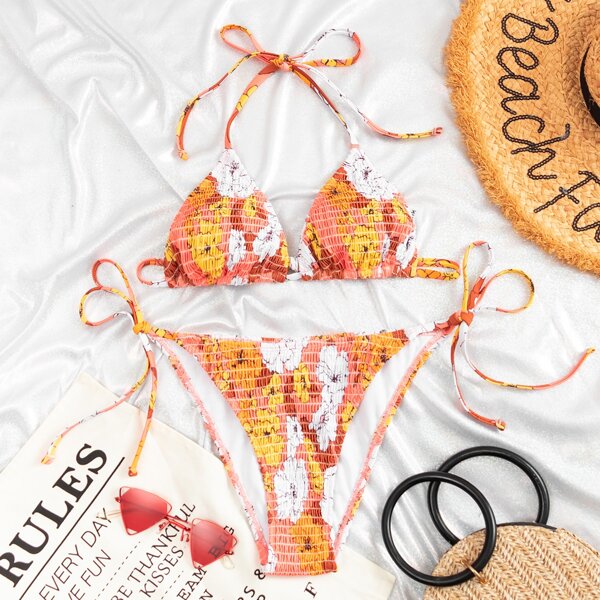 

Floral Random Print Smocked Halter Bikini Swimsuit, Multicolor