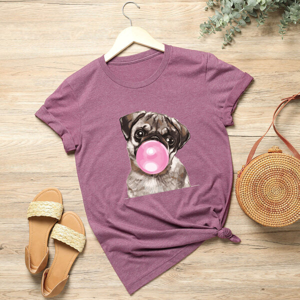 

Plus Pug Print Crew Neck Tee, Red violet