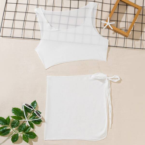 

Chiffon Knot Side Cover Up Set, White