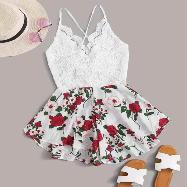 

Plus Floral Print Lace Panel Tie Back Cami Romper, Multicolor