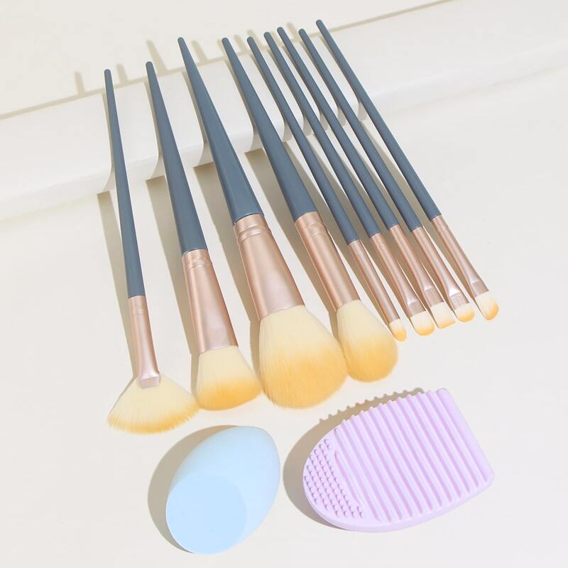 

10pcs Makeup Brush & 1pc Makeup Sponge & 1pc Cleaning Tool, Multicolor