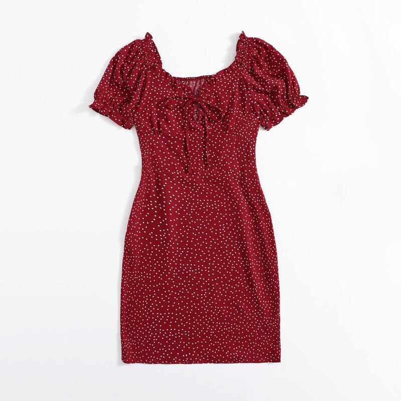 

Polka Dot Tie Front Dress, Burgundy