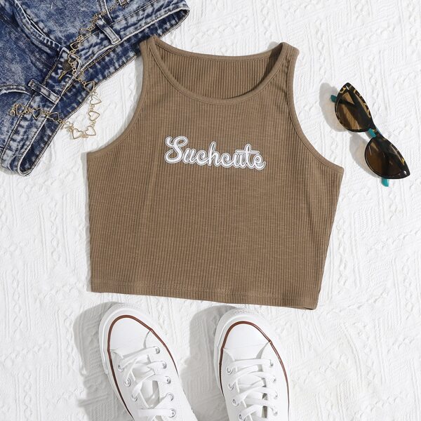

Letter Graphic Rib-knit Tank Top, Mocha brown