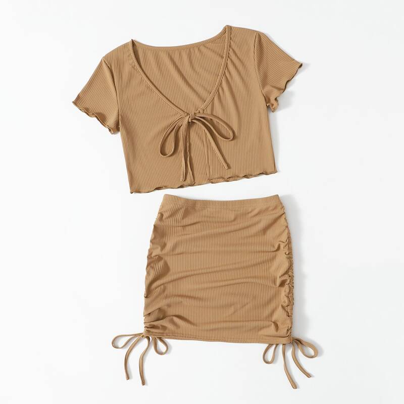 

Solid Tie Front Top & Drawstring Skirt, Camel