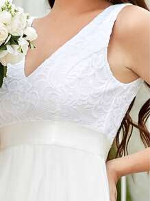 EVERPRETTY Contrast Lace Asymmetrical Hem Wedding Dress - White - View 4