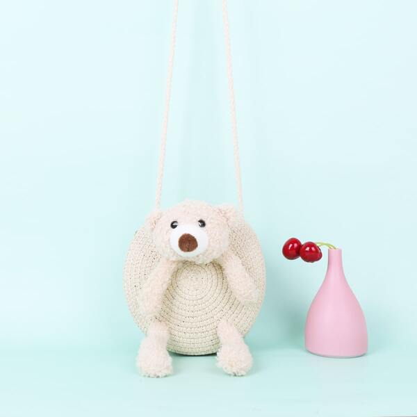 

Kids Cartoon Bear Decor Straw Bag, Beige