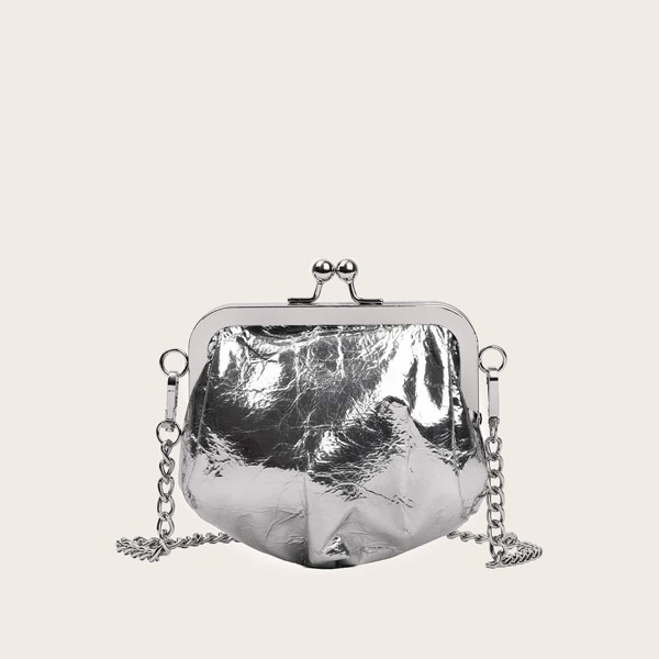 

Metallic Kiss Lock Chain Crossbody Bag, Silver