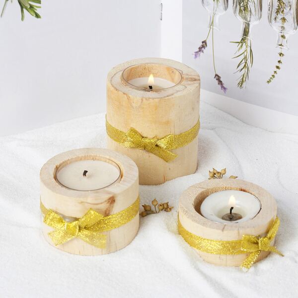 

3pcs Wooden Candle Holder Set, Beige