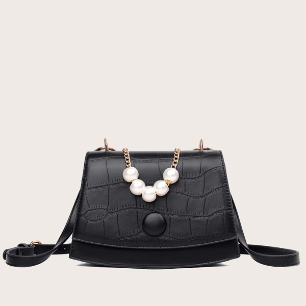 

Faux Pearl Decor Croc Embossed Shoulder Bag, Black