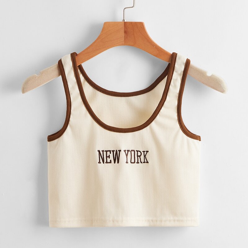 

Letter Embroidery Ringer Tank Top, Beige