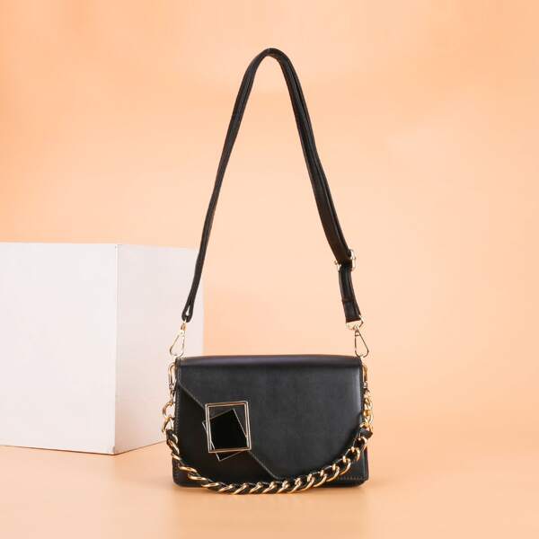 

Metal Decor Flap Shoulder Bag, Black