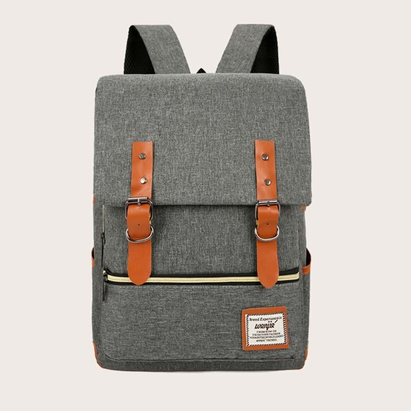 

Men Double Buckle Decor Flap Backpack, Grey