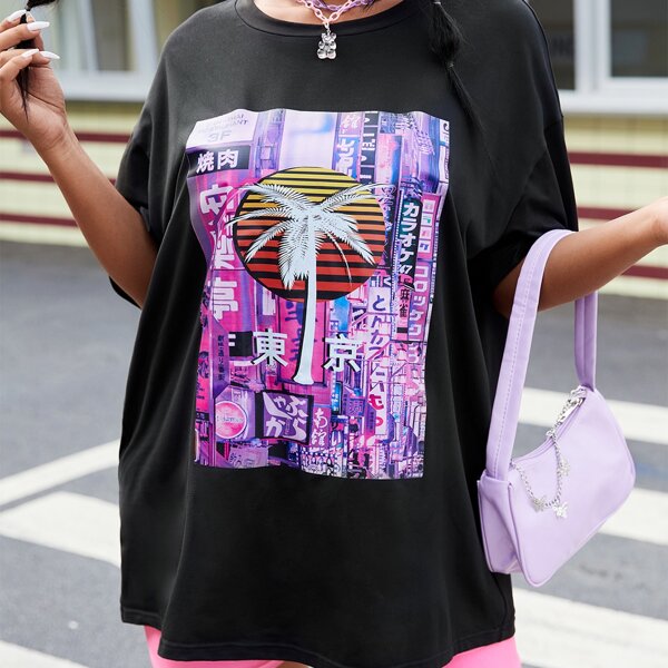

Plus Letter And Tropical Print Drop Shoulder Tee, Black