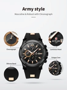 REWARD 男士石英表硅胶表带商务时尚计时日历夜光指针多功能男士腕表高品质礼物经典设计表带 - 黑色 - 查看 9